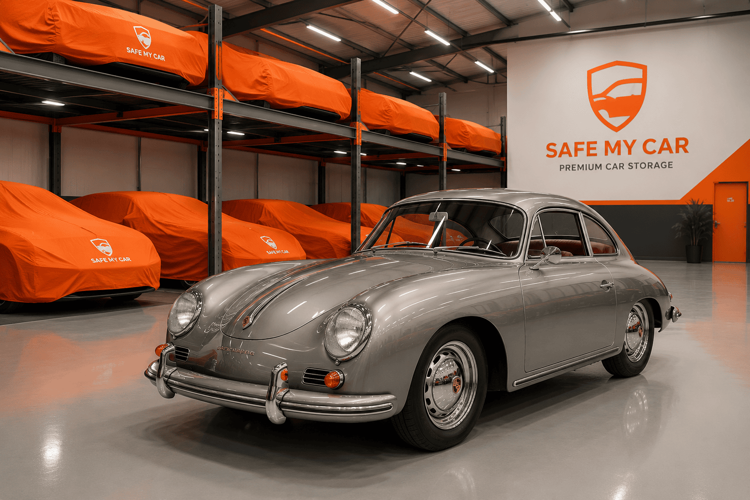 Classic Porsche in secure car storage warehouse in Dubai